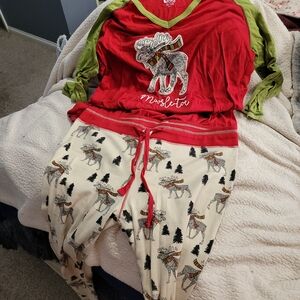Lazy One Moose Pajama Set - Red and Cream